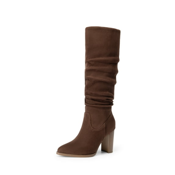 BURUDANI Women Slouchy Knee-High Suede Boots Pointed Toe, Chunky Block Heel, Side-Zip Pull-On Comfort