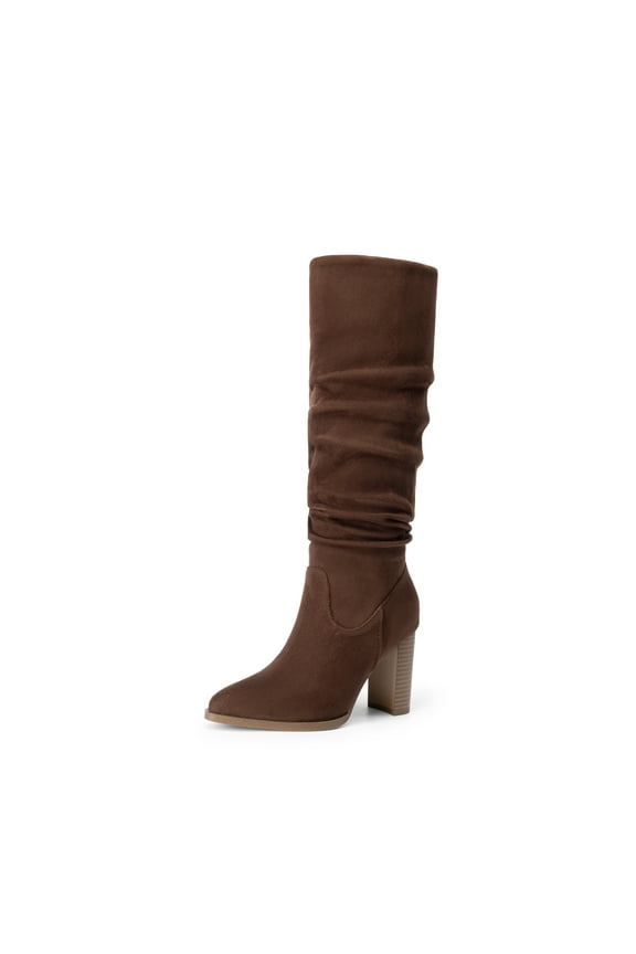 Women Slouchy Knee-High Suede Boots Pointed Toe, Chunky Block Heel, Side-Zip Pull-On Comfort