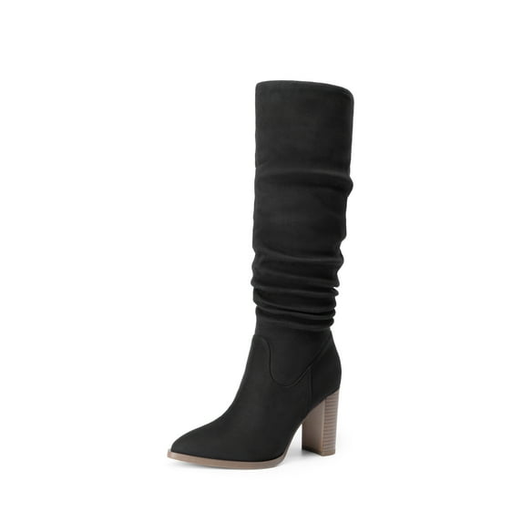 BURUDANI Women Slouchy Knee-High Suede Boots Pointed Toe, Chunky Block Heel, Side-Zip Pull-On Comfort