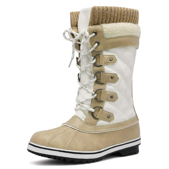 BURUDANI Women Waterproof Snow Boots Winter Warm Snow Faux Fur Lined Flat Mid Calf Snow Boots BEIGE/WHITE Size 9