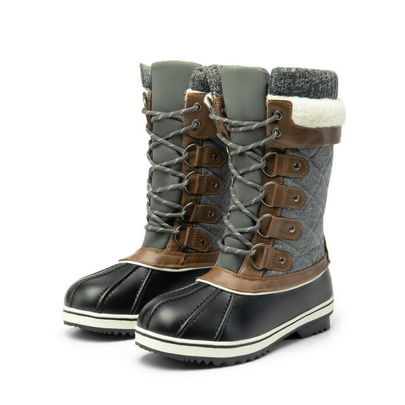 BURUDANI Women Waterproof Snow Boots Winter Warm Snow Faux Fur Lined Flat Mid Calf Snow Boots BLACK/GREY Size 5