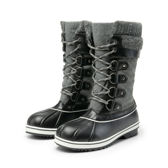 BURUDANI Women Waterproof Snow Boots Winter Warm Snow Faux Fur Lined Flat Mid Calf Snow Boots GREY Size 10