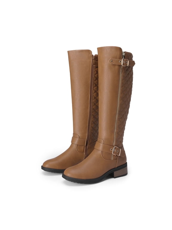 Women Wide Calf Low Heel Knee High Ladies Side Zip Motorcycle Riding Boots Shoes Camel Size 10