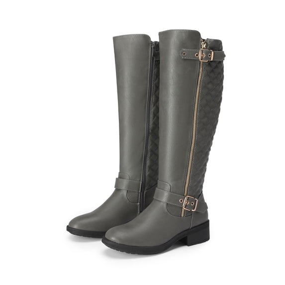 DREAM PAIRS Women Wide Calf Low Heel Knee High Ladies Side Zip Motorcycle Riding Boots Shoes Grey Size 9