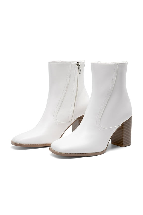 Women's Ankle Boots low Heel Side Zip Chunky Booties White-Pu Size 7