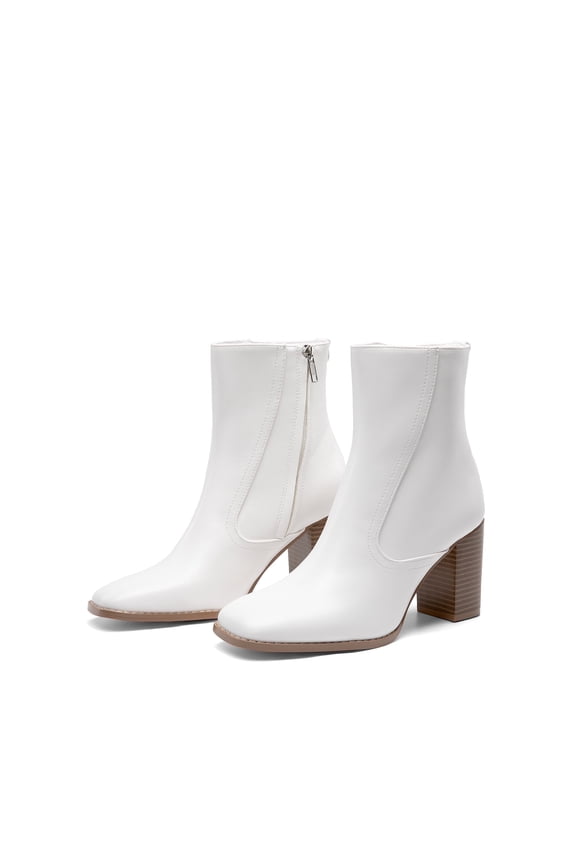 Women's Ankle Boots low Heel Side Zip Chunky Booties White-Pu Size 9.5