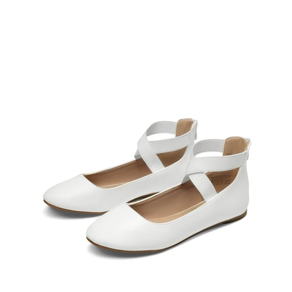 BURUDANI Women’s Ballerina Ballet Flat Low Heel Shoes Elastic Ankle Strap Shoes White/Pu Size 8