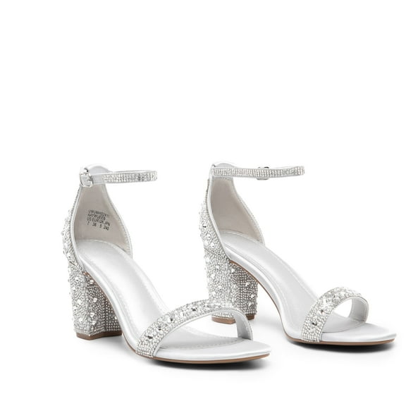 BURUDANI Women's Chunk Low Heel Pump Sandals Rhinestone