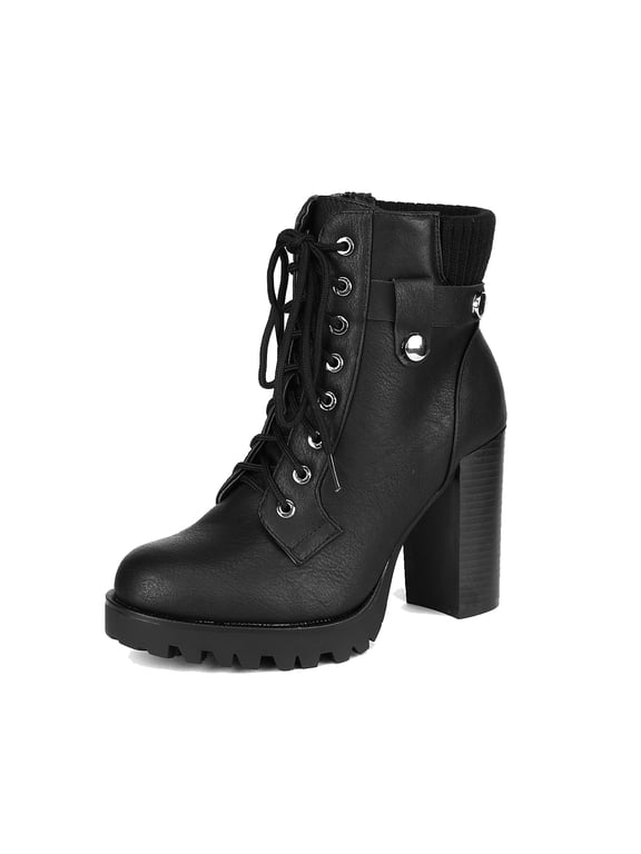 Women’s Chunky Heel Ankle Boots High Heeled Booties with Lace-Up Fashion