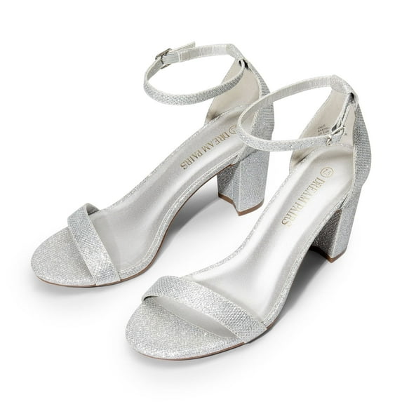 BURUDANI Women's Chunky High Heel Sandals Ankle Strap Open Toe Dress Shoes SILVER/GLITTER Size 12