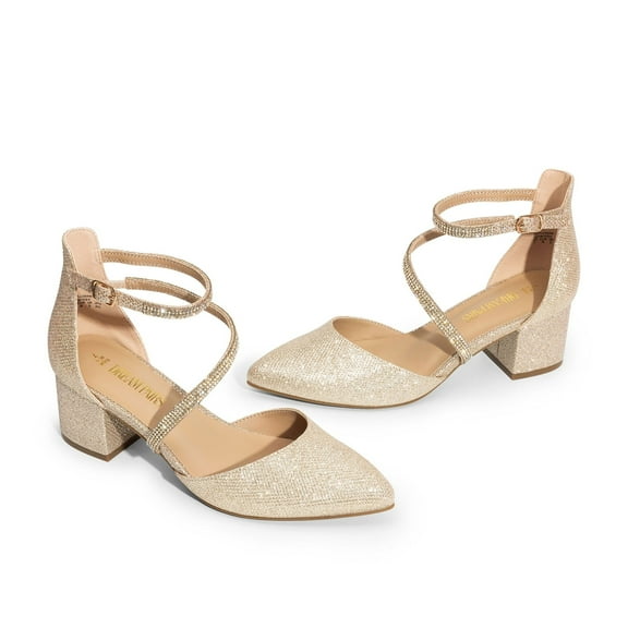 BURUDANI Women's Closed Pointed Toe Low Chunky Heels Pumps Ankle Strap Wedding Business Dressy Shoes