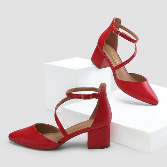 BURUDANI Women's Closed Pointed Toe Low Chunky Heels Pumps Ankle Strap Wedding Business Dressy Shoes