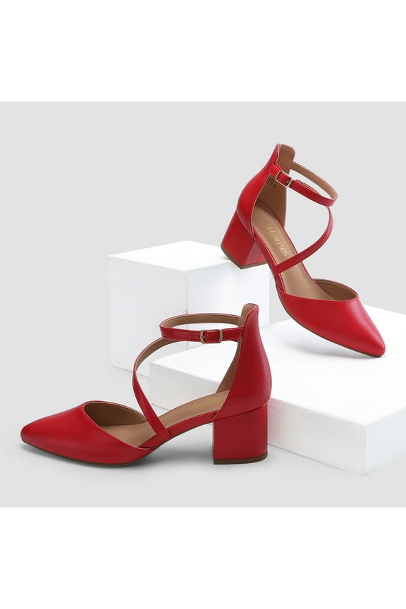 Women's Closed Pointed Toe Low Chunky Heels Pumps Ankle Strap Wedding Business Dressy Shoes