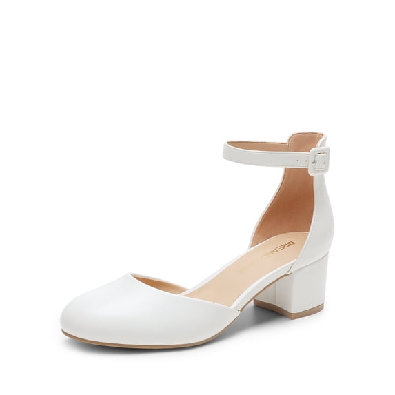 BURUDANI Women's Closed Round Toe Low Block Heels Ankle Strap Chunky Heel Pumps Dress Wedding Office Party Shoes