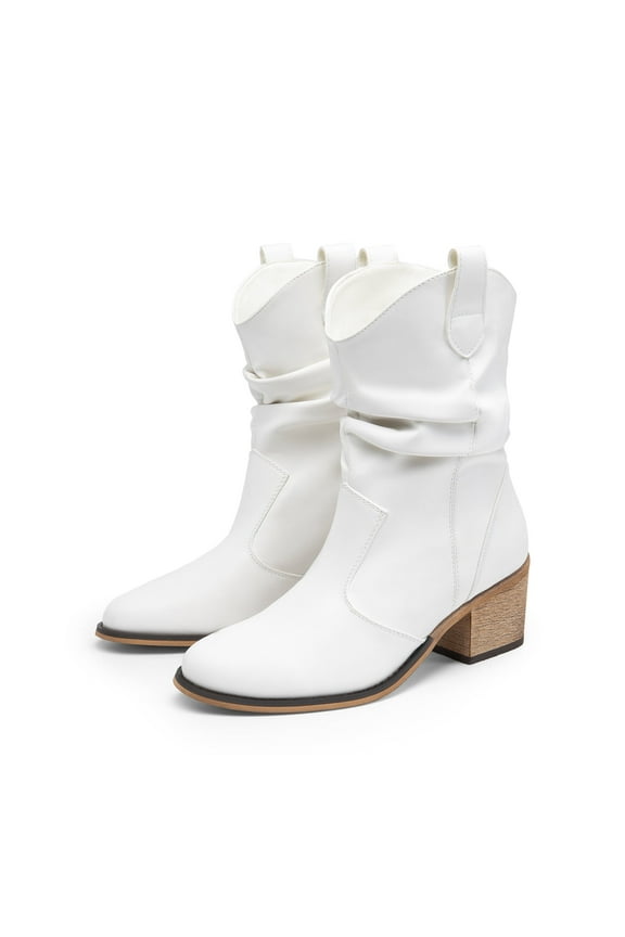 Women's Cowgirl Boots Mid Calf Western Cowboy Boots Round toe Chunky Heel Ankle Boots White Size7