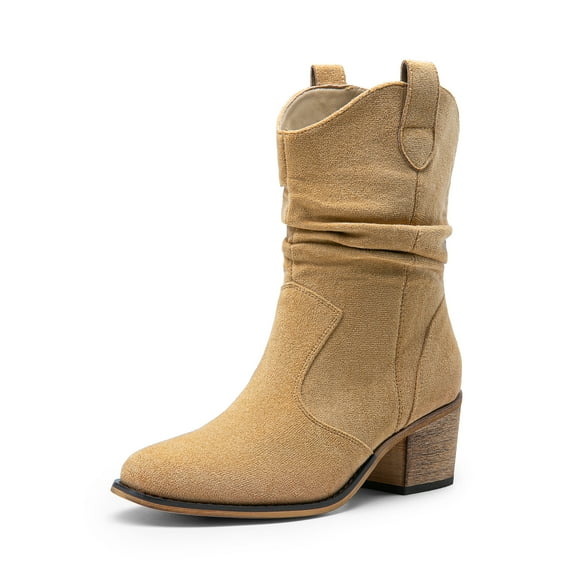 BURUDANI Women's Cowgirl Boots Mid Calf Western Cowboy Boots Round toe Chunky Heel Ankle Boots