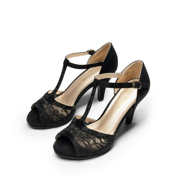 BURUDANI Women's Fashion Ankle Strap Stilettos Platform Dress Shoes Heel Sandals BLACK Size 9.5