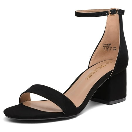 BURUDANI Women's Fashion Low Chunky Heel Sandals Open Toe Ankle Strap Dress Heel Shoes BLACK/NUBUCK Size 8.5