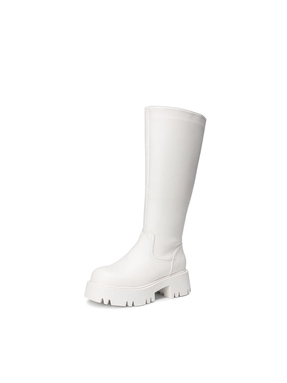 Knee High Boots, Comfortable Chunky Platform Round-Toe Side Zip Boots for Women