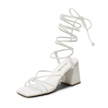 BURUDANI Women's Lace Up Heels Strappy Block High Heel Square Open Toe Chunky Sandals White-Pu Size 9