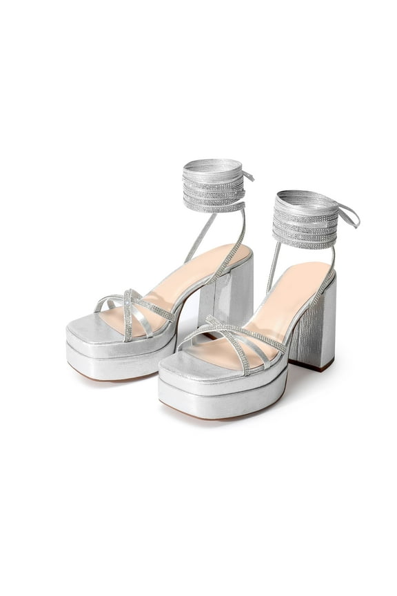 Women's Lace Up Platform Heels Rhinestone High Strappy Chunky Sandal