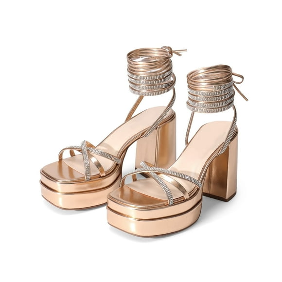 BURUDANI Women's Lace Up Platform Heels Rhinestone High Strappy Chunky Sandal