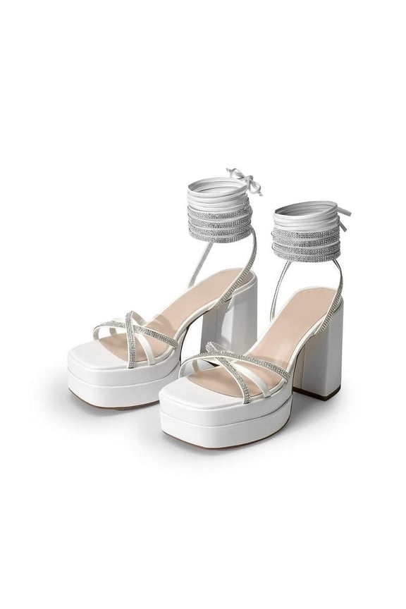 Women's Lace Up Platform Heels Rhinestone High Strappy Chunky Sandal