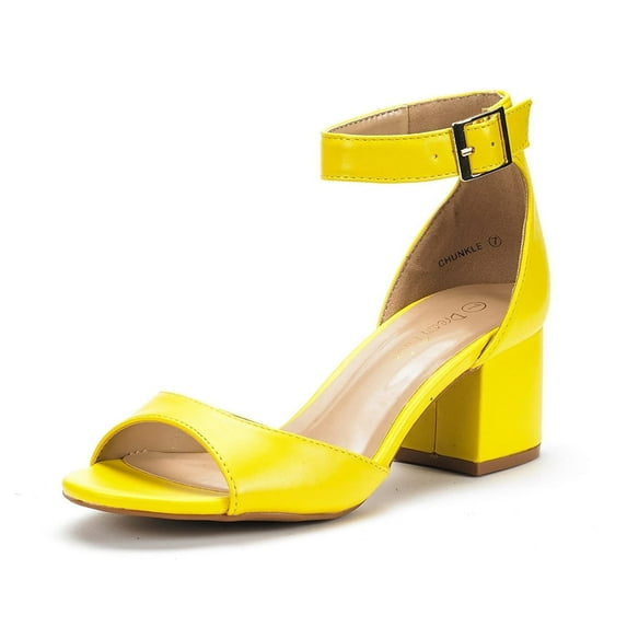 BURUDANI Women's Low Block Chunky Pumps Shoes Ladies Dress Heel Sandals YELLOW/PU Size 11