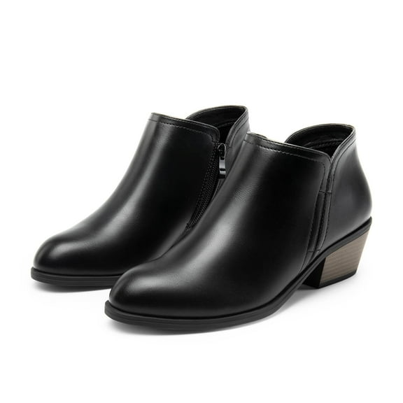 BURUDANI Women's Low Chunky Heel Ankle Boots Warm Non Slip Winter Zipper Booties Shoes Black-Pu Size 7