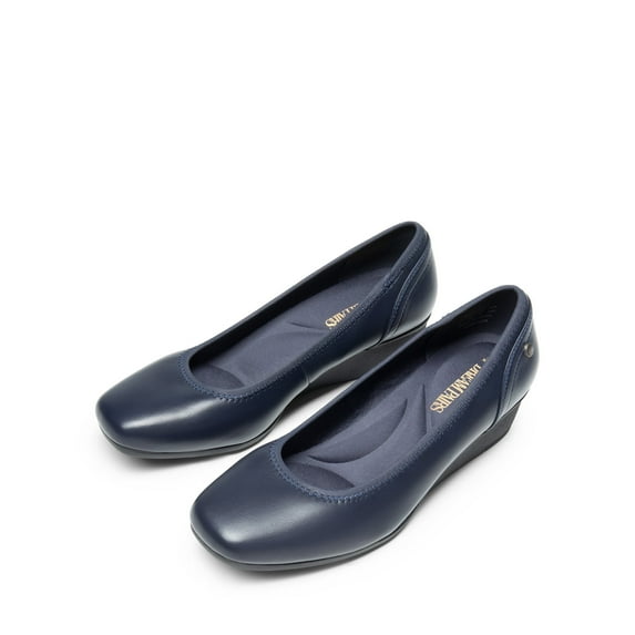 BURUDANI Women's Low Wedge Dress Pumps Square Close Block Toe Dress Shoes NAVY-PU Size 7.5