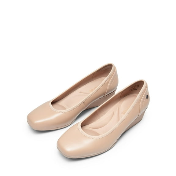 BURUDANI Women's Low Wedge Dress Pumps Square Close Block Toe Dress Shoes NUDE-PU Size 8