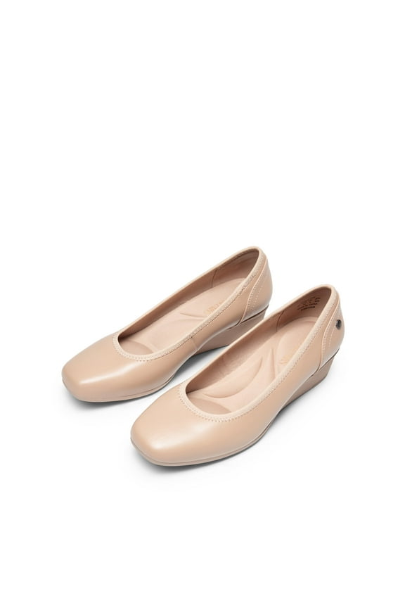 Women's Low Wedge Dress Pumps Square Close Block Toe Dress Shoes NUDE-PU Size 9.5