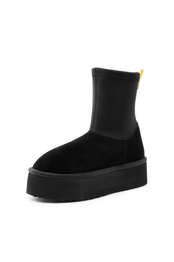 Women's Mid Calf Winter Platform Boots Genuine Suede Upper Elastic Shaft FuzzyChic Sock-Top Platform Snow Boots with Faux Warm Fur Lined Anti-Slip Booties