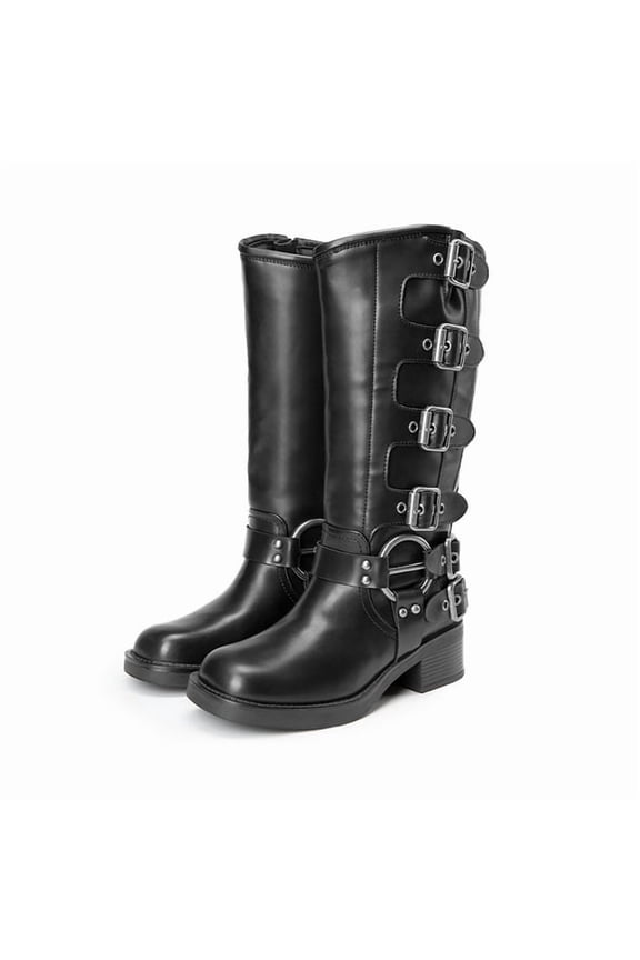 Women's Multi-Buckle Knee-High Moto Boots