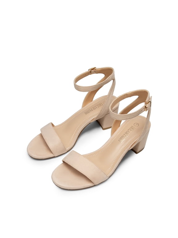 Women's Open Toe Ankle Strap Low Block Chunky Heels Sandals Party Dress Pumps Shoes NUDE/SUEDE Size 8