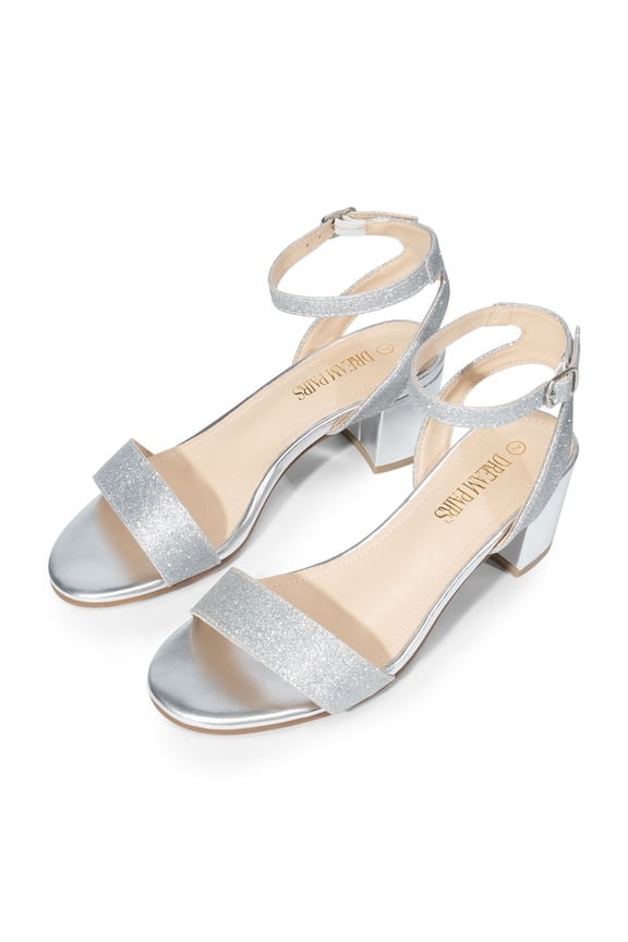 Women's Open Toe Ankle Strap Low Block Chunky Heels Sandals Party Dress Pumps Shoes SILVER/GLITTER Size 10