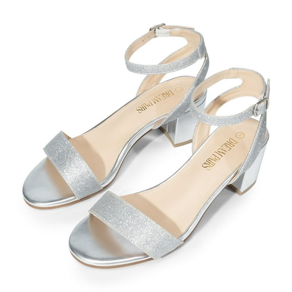 BURUDANI Women's Open Toe Ankle Strap Low Block Chunky Heels Sandals Party Dress Pumps Shoes SILVER/GLITTER Size 5.5
