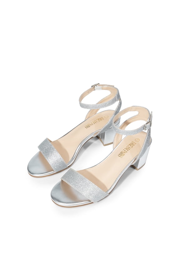 Women's Open Toe Ankle Strap Low Block Chunky Heels Sandals Party Dress Pumps Shoes SILVER/GLITTER Size 7