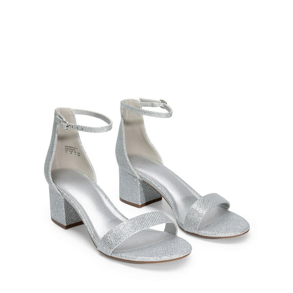BURUDANI Women's Open Toe Low Pump Sandal Ankle Strap Buckle Block Heel Sandals Silver-Glitter Size 10