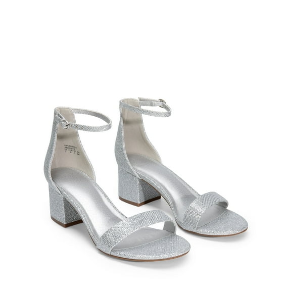 BURUDANI Women's Open Toe Low Pump Sandal Ankle Strap Buckle Block Heel Sandals Silver-Glitter Size 7