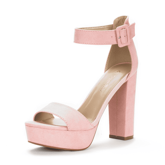 BURUDANI Women's Party Dress Shoes Ankle Strap Wedding High Chunky Platform Heel Sandals PINK/SUEDE Size 5