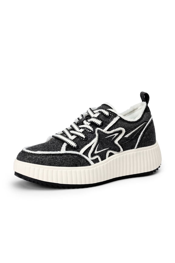 Women's Platform Fashion Sneaker, Comfortable Casual Denim Athletic Star Sneakers Black/White Size 8.5