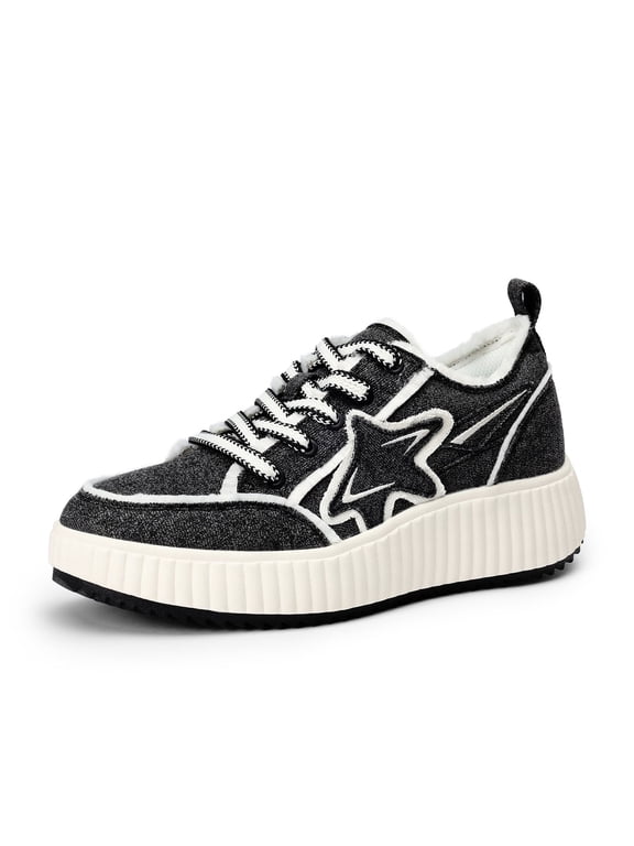 Women's Platform Fashion Sneaker, Comfortable Casual Denim Athletic Star Sneakers Black/White Size 8