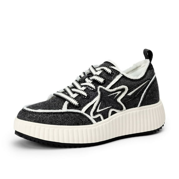 DREAM PAIRS Women's Platform Fashion Sneaker, Comfortable Casual Denim Athletic Star Sneakers Black/White Size 9.5