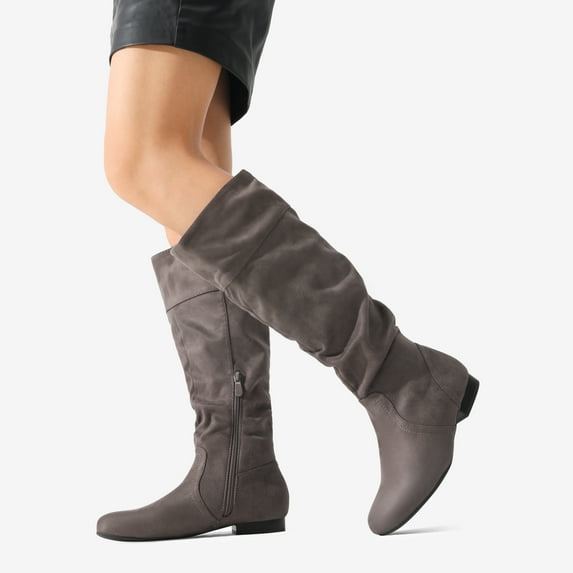 BURUDANI Women's Platform Knee High Boots Fashion Suede/Pu Flat Pull On Fall Weather Slouchy Knee High Boots Blvd Taupe Size 9.5