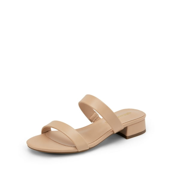 BURUDANI Women's Slides Heels Slip On Low Block Sandals Two Strap Open Round Toe Chunky Casual Summer Mules Shoes