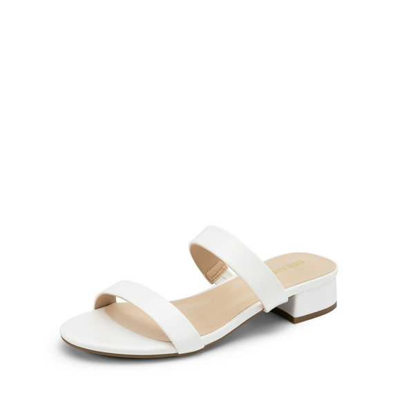 BURUDANI Women's Slides Heels Slip On Low Block Sandals Two Strap Open Round Toe Chunky Casual Summer Mules Shoes