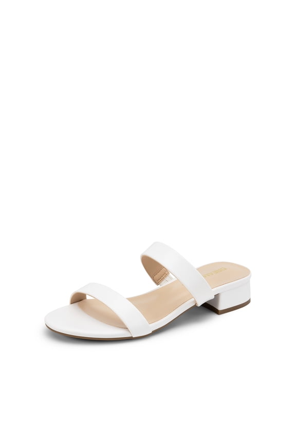 Women's Slides Heels Slip On Low Block Sandals Two Strap Open Round Toe Chunky Casual Summer Mules Shoes