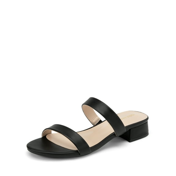 BURUDANI  Women's Slides Heels Slip On Low Block Sandals Two Strap Open Round Toe Chunky Casual Summer Mules Shoes