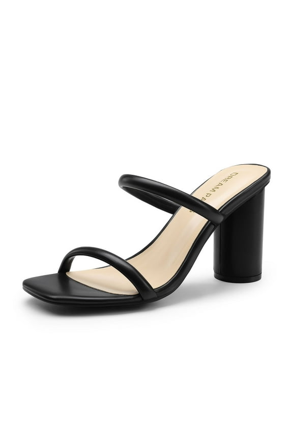 Women's Square Open Toe Block Heels Two Strap Slip On High Heeled Slides Sandals